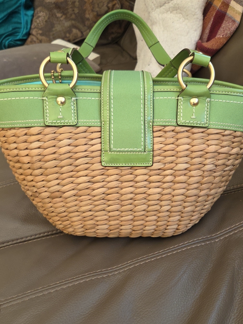 Coach Legacy Woven Straw Basket Tote With Green Trim - Picture 16 of 16